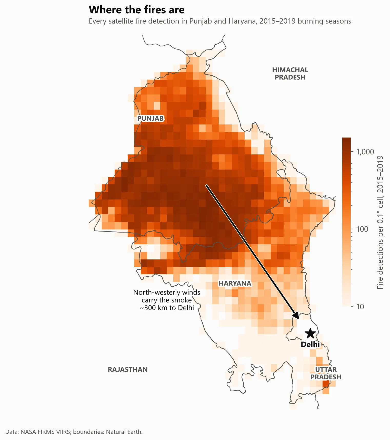 Where the fires are. Every satellite fire detection in Punjab and Haryana over five burning seasons. North-westerly winds carry the smoke about 300 km to Delhi.